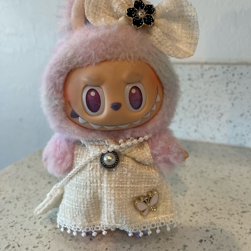 Fashionable Labubu White Dress with matching Purse and Hair Bow